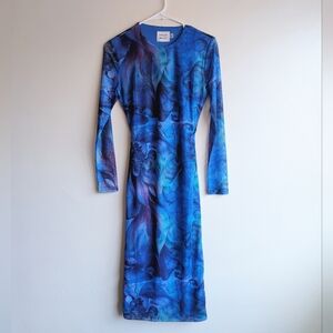 Hello Molly Glacier Blue Water Color Floral All-Over Print Midi Dress